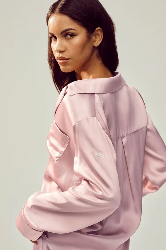 Camisa de seda Luminous con botones - Rosa champán