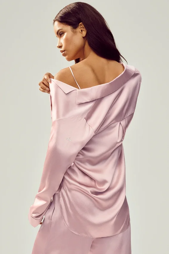 Camisa de seda Luminous con botones - Rosa champán