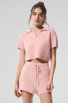 Camisa polo de cachemira con tejido tipo waffle — Cuarzo rosa