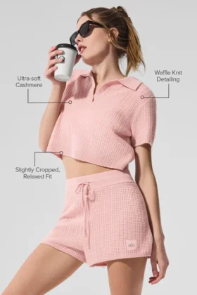Camisa polo de cachemira con tejido tipo waffle — Cuarzo rosa