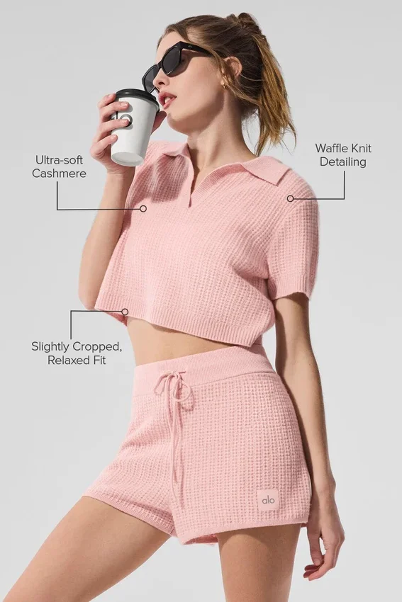 Camisa polo de cachemira con tejido tipo waffle — Cuarzo rosa