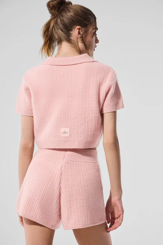 Camisa polo de cachemira con tejido tipo waffle — Cuarzo rosa