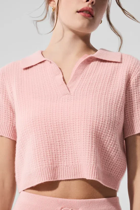 Camisa polo de cachemira con tejido tipo waffle — Cuarzo rosa