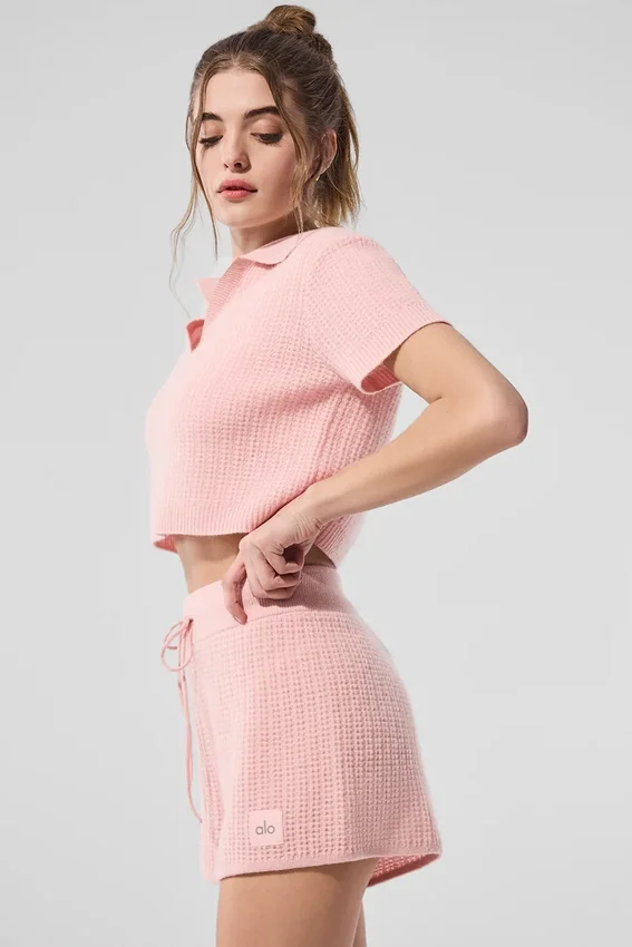 Camisa polo de cachemira con tejido tipo waffle — Cuarzo rosa