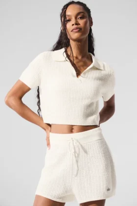 Camisa polo de cachemira con tejido tipo waffle - Marfil