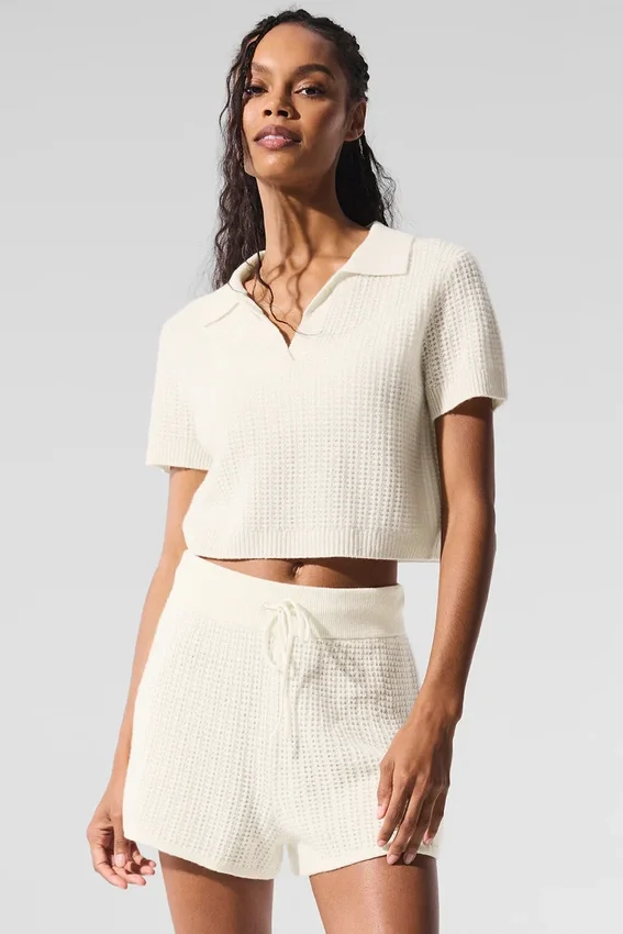 Camisa polo de cachemira con tejido tipo waffle - Marfil