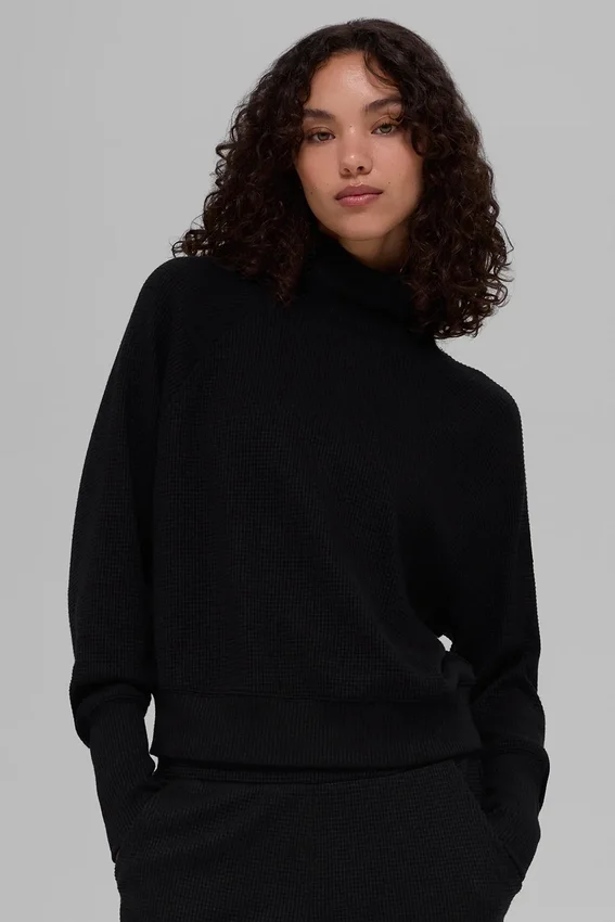 Camiseta de cuello alto de manga larga Waffle Weekend Escape - Negro