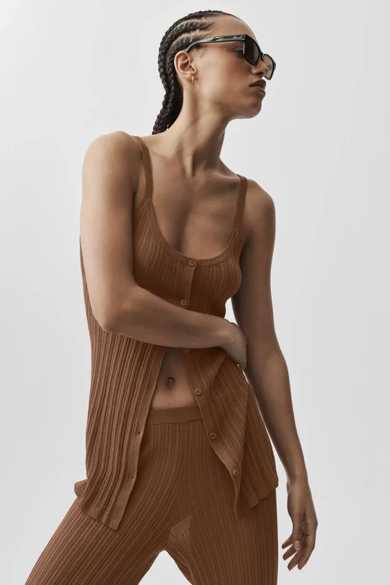 Camiseta de jerséu con botones Sunlit - Marrón bronceado