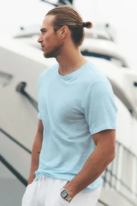 Camiseta de manga corta «Coastal» de jersey de lino - Azul mar