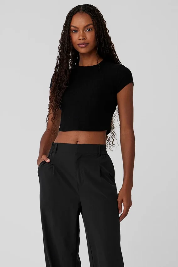 Camiseta de pantalones cortos de manga corta acanalada Sea Coast — Negro