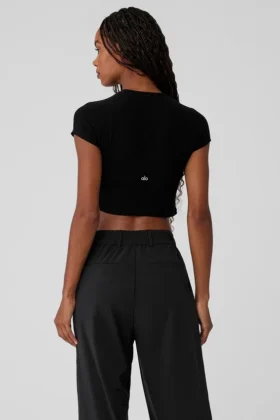 Camiseta de pantalones cortos de manga corta acanalada Sea Coast — Negro