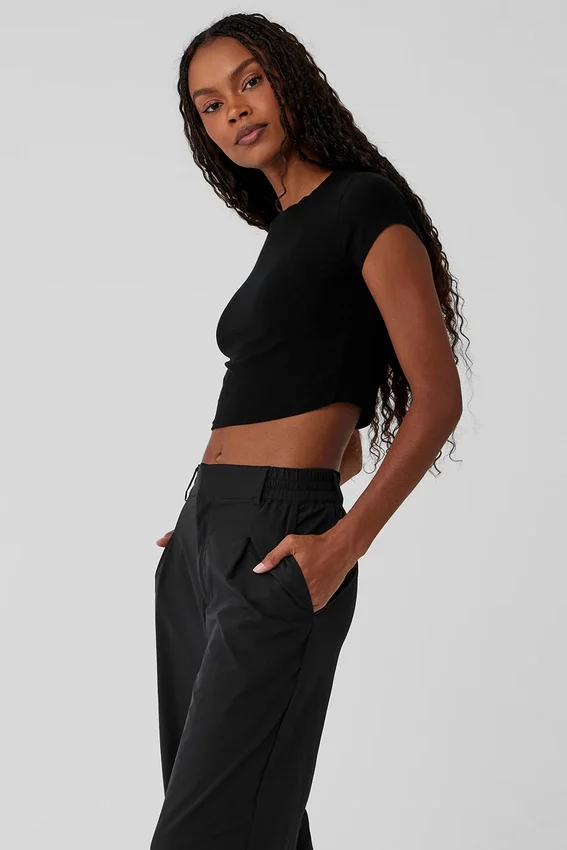 Camiseta de pantalones cortos de manga corta acanalada Sea Coast — Negro
