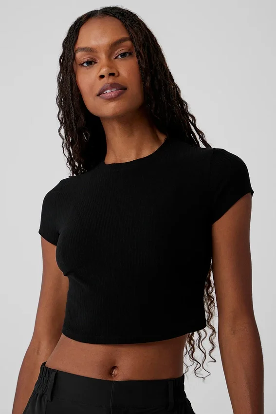 Camiseta de pantalones cortos de manga corta acanalada Sea Coast — Negro