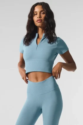 Camiseta de pantalones cortos de manga corta sin costuras, cálida y mullida para el invierno - Azul celestial