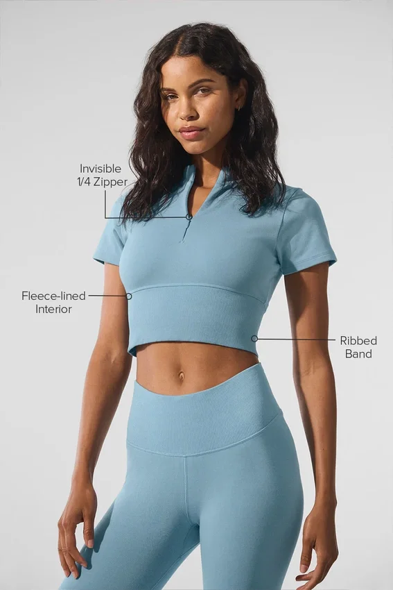 Camiseta de pantalones cortos de manga corta sin costuras, cálida y mullida para el invierno - Azul celestial