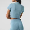 Camiseta de pantalones cortos de manga corta sin costuras, cálida y mullida para el invierno - Azul celestial