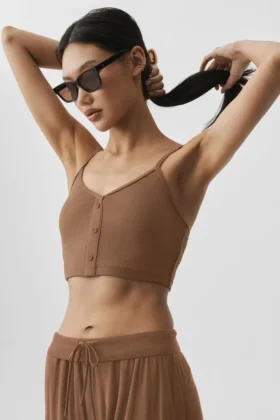 Camiseta de tirantes «Delicate Lounge» de canalé - Marrón bronceado