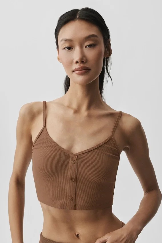 Camiseta de tirantes «Delicate Lounge» de canalé - Marrón bronceado