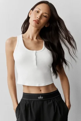Camiseta de tirantes Henley de modal acanalado - Blanco
