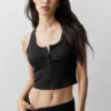 Camiseta de tirantes Henley de modal con acanalado - Negro