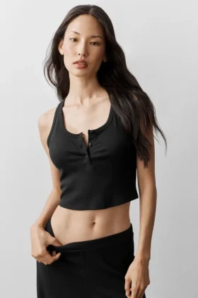 Camiseta de tirantes Henley de modal con acanalado - Negro
