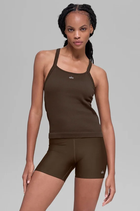 Camiseta de tirantes sin costuras con canesú acanalado y sujetador integrado «Favorite» de largo completo - Espresso