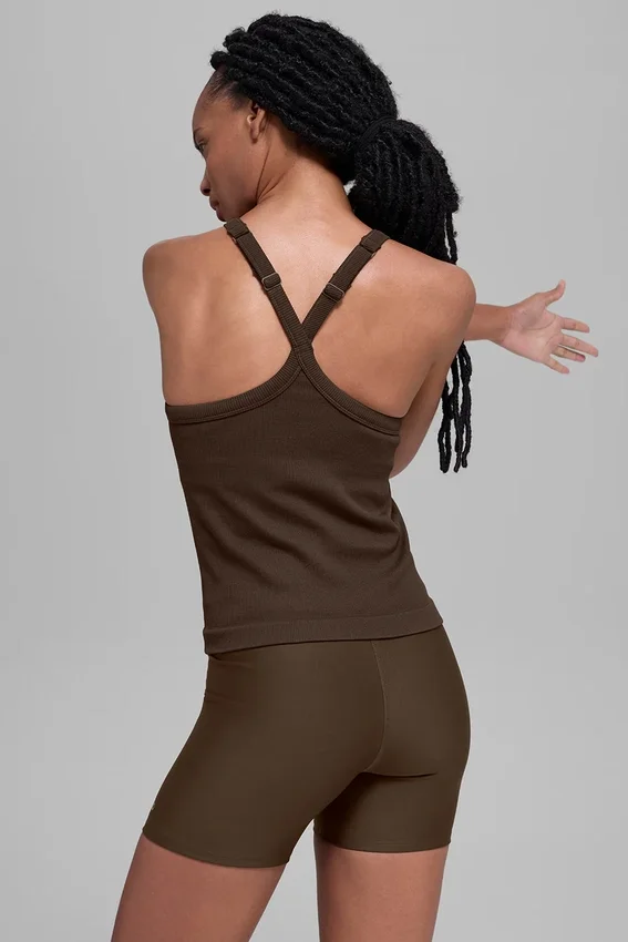 Camiseta de tirantes sin costuras con canesú acanalado y sujetador integrado «Favorite» de largo completo - Espresso
