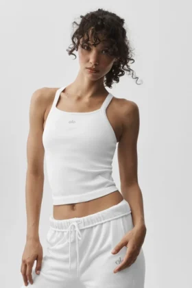 Camiseta de tirantes sin costuras con ribete acanalado y sujetador integrado Favorite de manga larga - Blanco