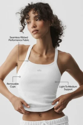 Camiseta de tirantes sin costuras con ribete acanalado y sujetador integrado Favorite de manga larga – Blanco