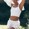 Camiseta de tirantes sin costuras con sujetador integrado y diseño acanalado «Favorite» - Blanco