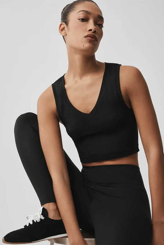 Camiseta de tirantes sin costuras de punto calado - Negro