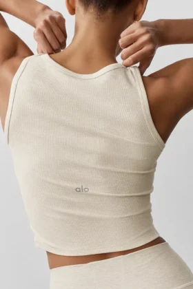 Camiseta de tirantes tipo Henley de modal acanalado – Gris avena jaspeado