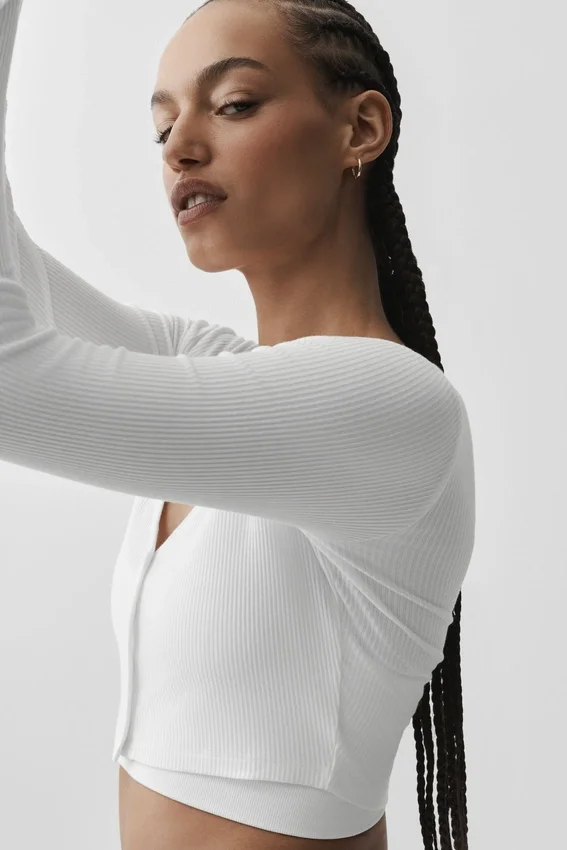 Cardigan corto acanalado Whisper - Blanco