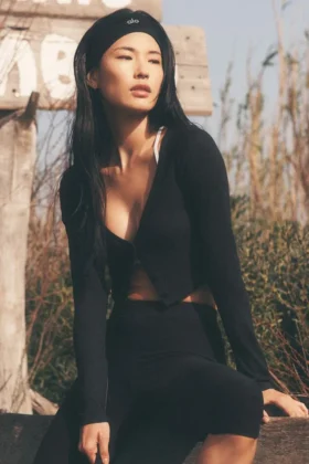 Cardigan corto acanalado «Whisper» - Negro