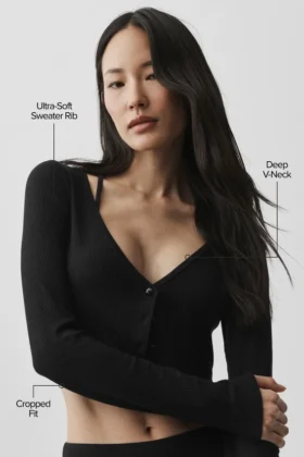 Cardigan corto acanalado «Whisper» – Negro