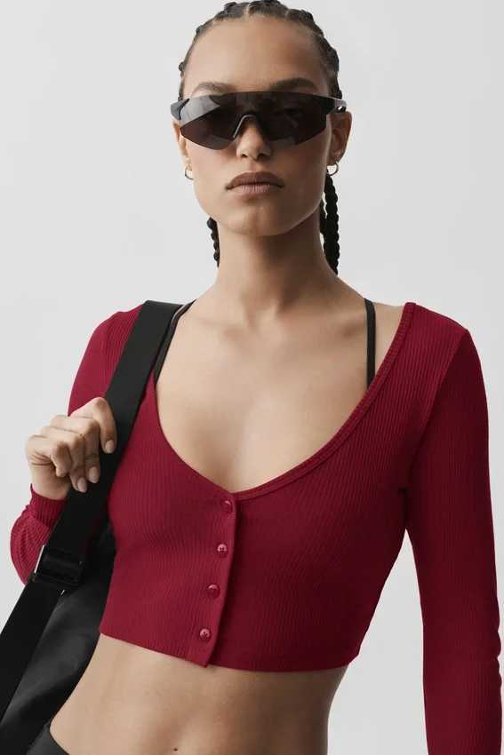 Cardigan corto acanalado Whisper - Rojo Romance de Verano