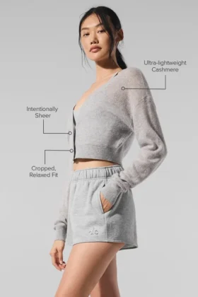 Cardigan corto de cachemira transparente – Gris jaspeado deportivo