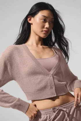 Cardigan corto de cachemira transparente – gris topo