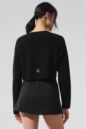 Cardigan de cachemira con tejido de panal – Negro