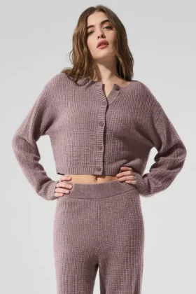 Cardigan de cachemira de punto waffle mullido - Gris champiñón jaspeado