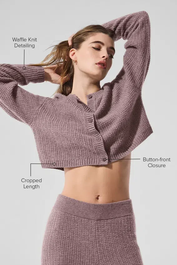 Cardigan de cachemira de punto waffle mullido - Gris champiñón jaspeado