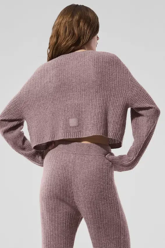 Cardigan de cachemira de punto waffle mullido - Gris champiñón jaspeado