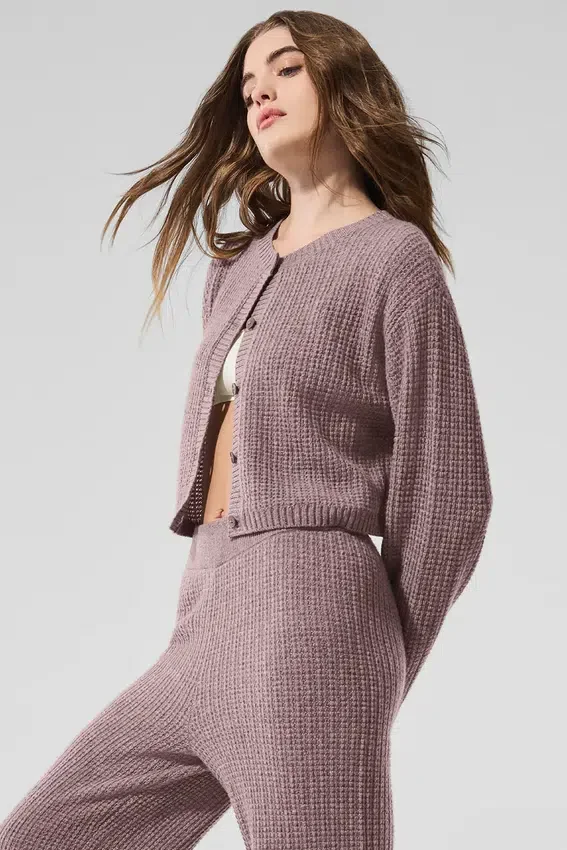 Cardigan de cachemira de punto waffle mullido - Gris champiñón jaspeado