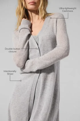 Cardigan largo de cachemira transparente – Gris jaspeado deportivo