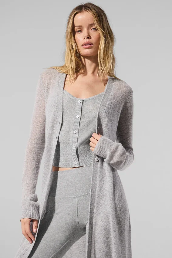 Cardigan largo de cachemira transparente - Gris jaspeado deportivo