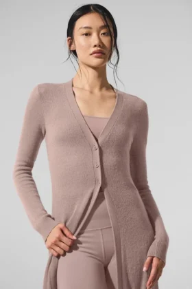 Cardigan largo de cachemira transparente – gris topo