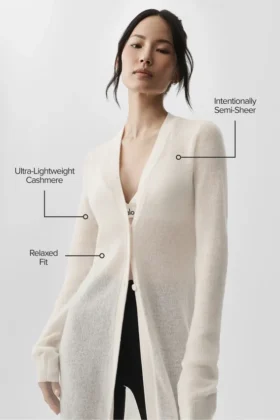 Cardigan largo de cachemira transparente – Marfil