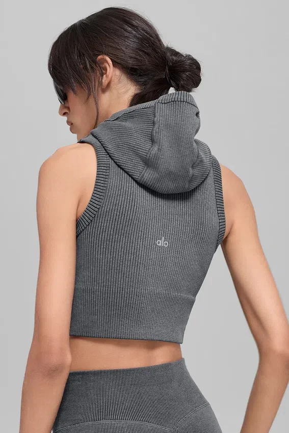Chaleco con capucha de canalé sin costuras en dos tonos - Gris neblina oscuro jaspeado