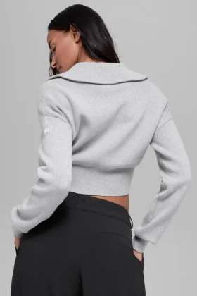 Chaqueta corta de punto Scholar con cremallera completa – Gris jaspeado deportivo