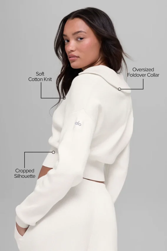 Chaqueta corta de punto Scholar con cremallera completa - Marfil